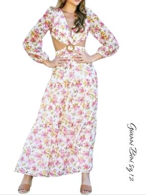 Gianni Bini Lillian Floral Garden Cut Out Maxi Dress 12 Plunge Neck Long Sleeve